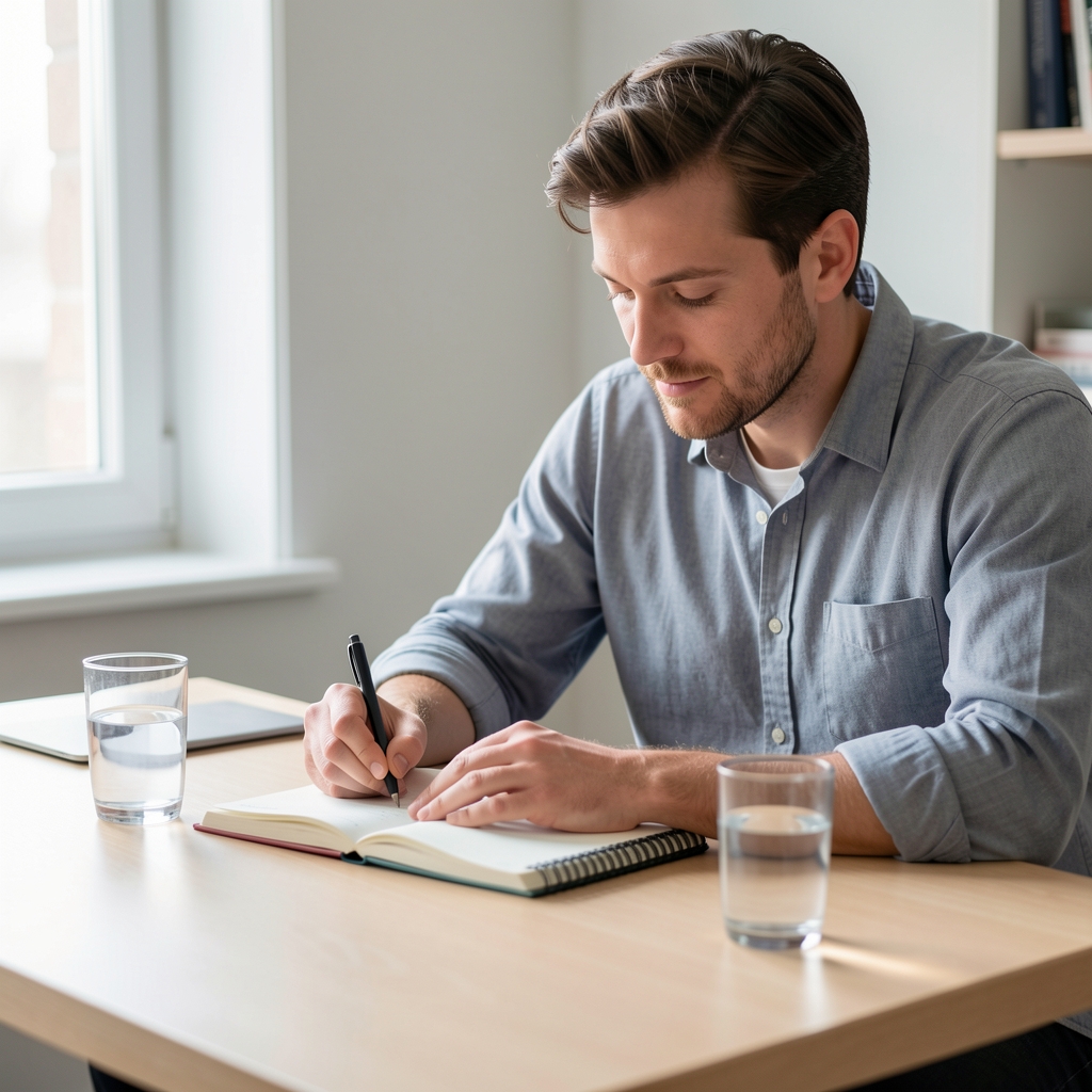 Man journalling at a clean desk with notebook and water glass, soft natural light, editorial composition