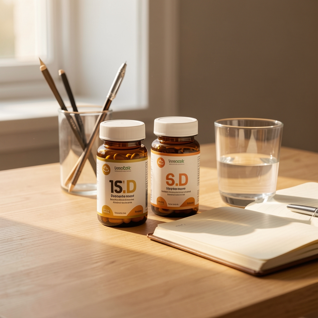 Supplement containers including vitamin D bottles on a clean wooden surface with a glass of water and open notebook, warm morning editorial composition