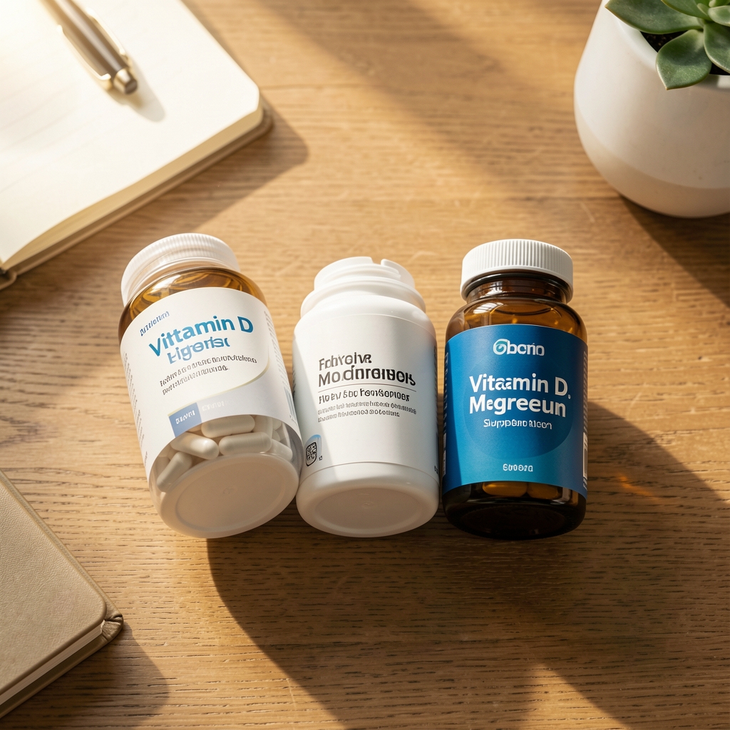Vitamin D supplement container and magnesium daily supplements arranged on a wooden desk with a notebook and glass of water, morning light, editorial flat lay
