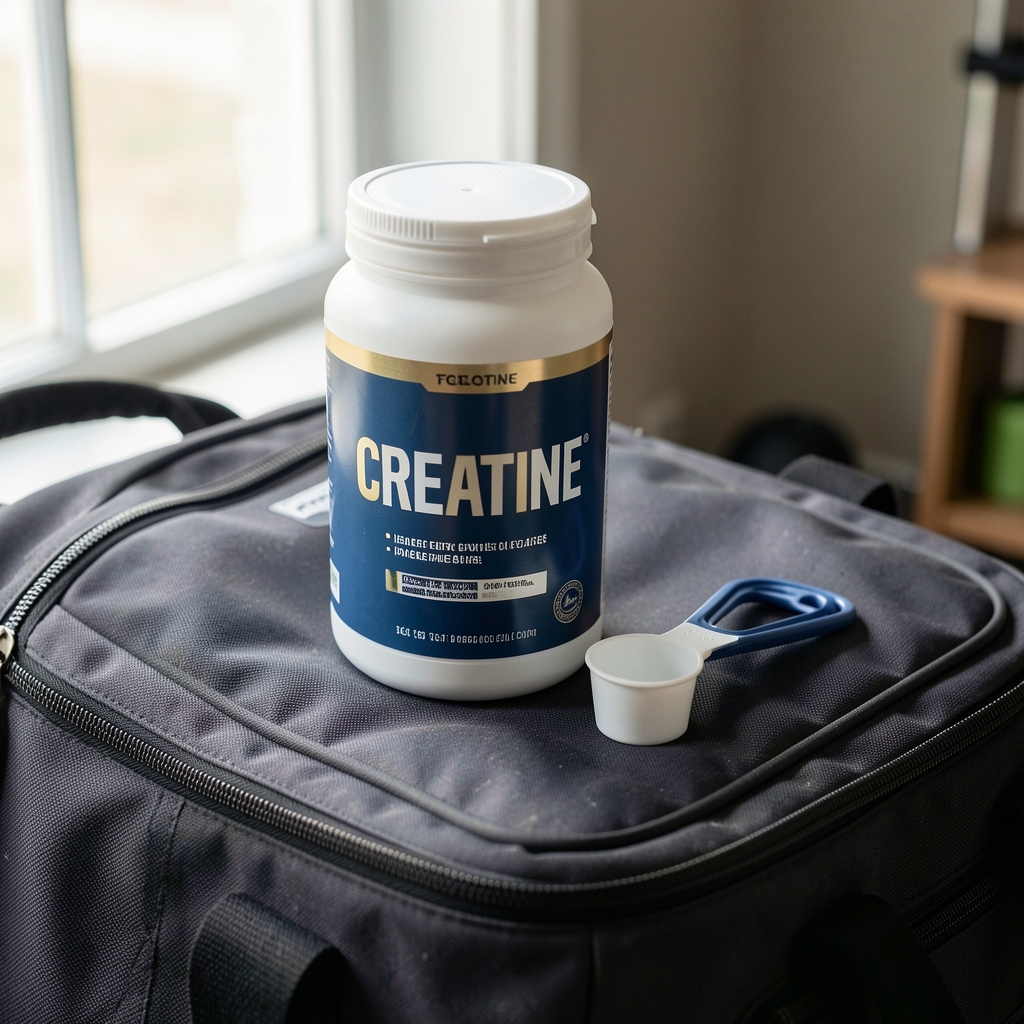 Close-up of a creatine powder container and measuring scoop on a clean gym bag, editorial composition with natural window light