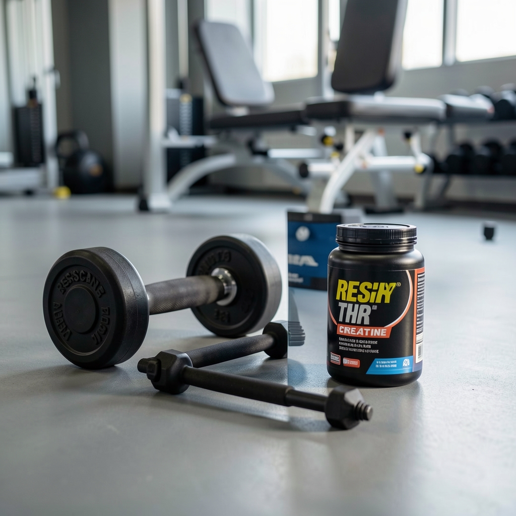 Weights and resistance training equipment on a clean gym floor with a protein powder container and measuring scoop, editorial sports composition