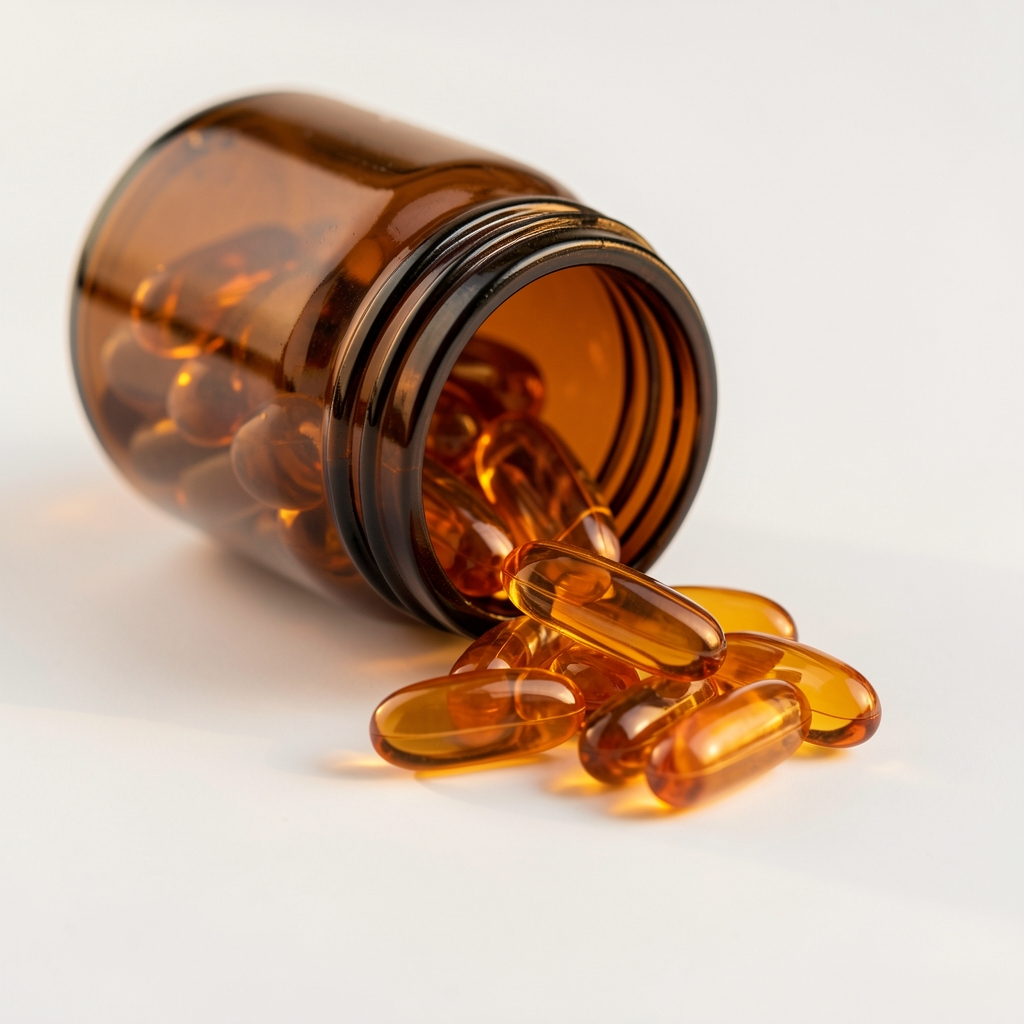 Amber fish oil daily supplements spilled from a brown glass supplement bottle onto a clean white surface, close-up editorial composition with warm side light