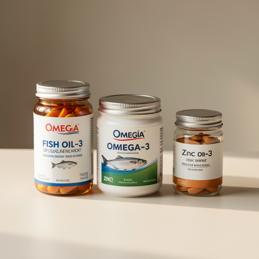Omega-3 fish oil daily supplements and zinc supplement jar on a neutral background with green plant, editorial wellness composition, overhead perspective