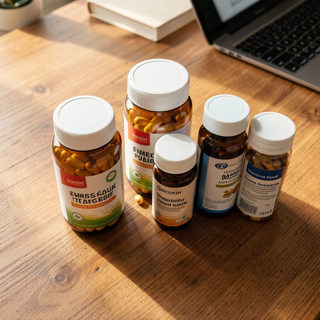 Close-up of vitamin containers and supplement jars arranged on a warm wooden desk, editorial overhead composition with natural morning light