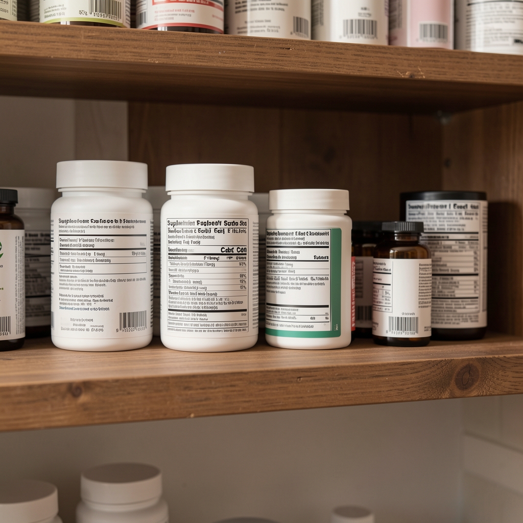 Supplement labels on a wooden shelf, editorial overhead composition with natural light